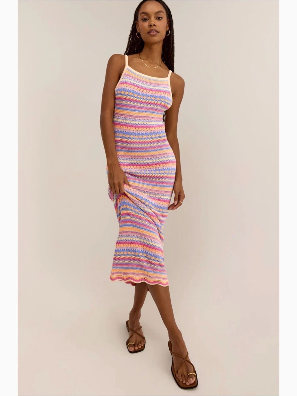 Z Supply Striped Knit / Crochet Midi Dress - Pink Multi